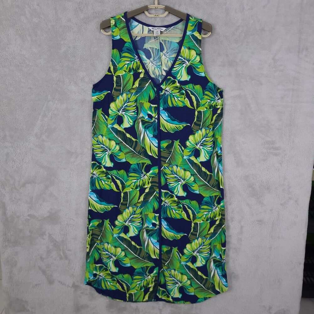 Tommy Bahama Midi Dress Women L Lovely Leaves Midi Shirttail Hem V Neck Tropical